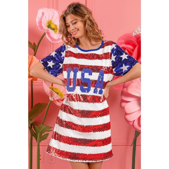 BiBi American Flag Theme USA Print Colorful Sparkly Sequin Crew Neck Mini Dress - Picture 6 of 14